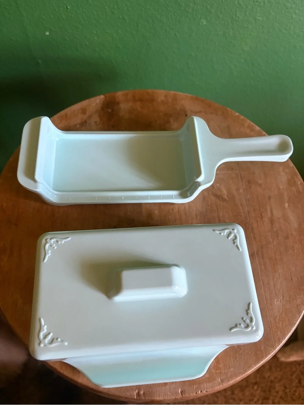 Vintage MCM melamine covered Butter Dish in baby blue
